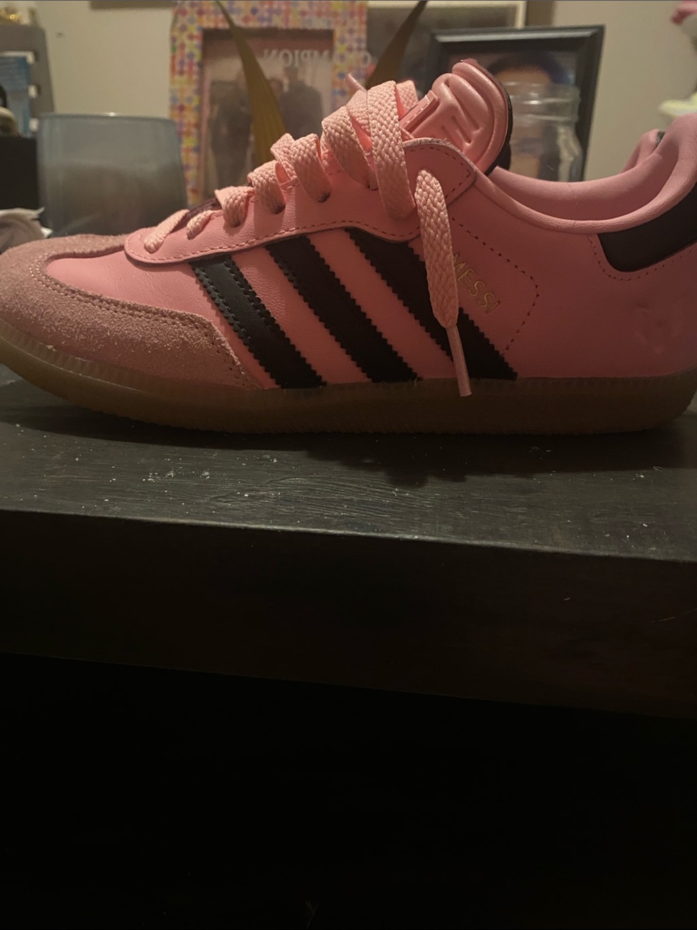 adidas Kids Samba Sneakers in Pink with Black Stripes Messi Size 4.5